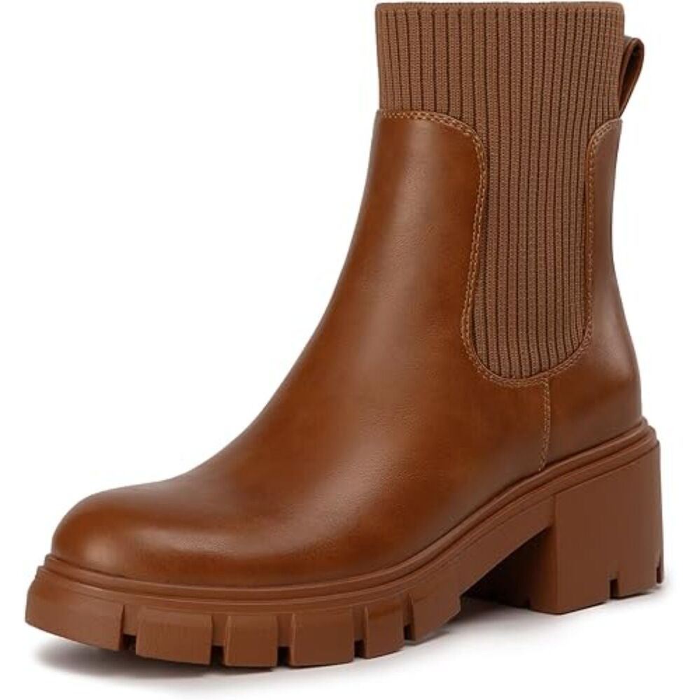 Women's Tan Lug Sole Round Toe elastic knit band Chunky Ankle Casual Boots